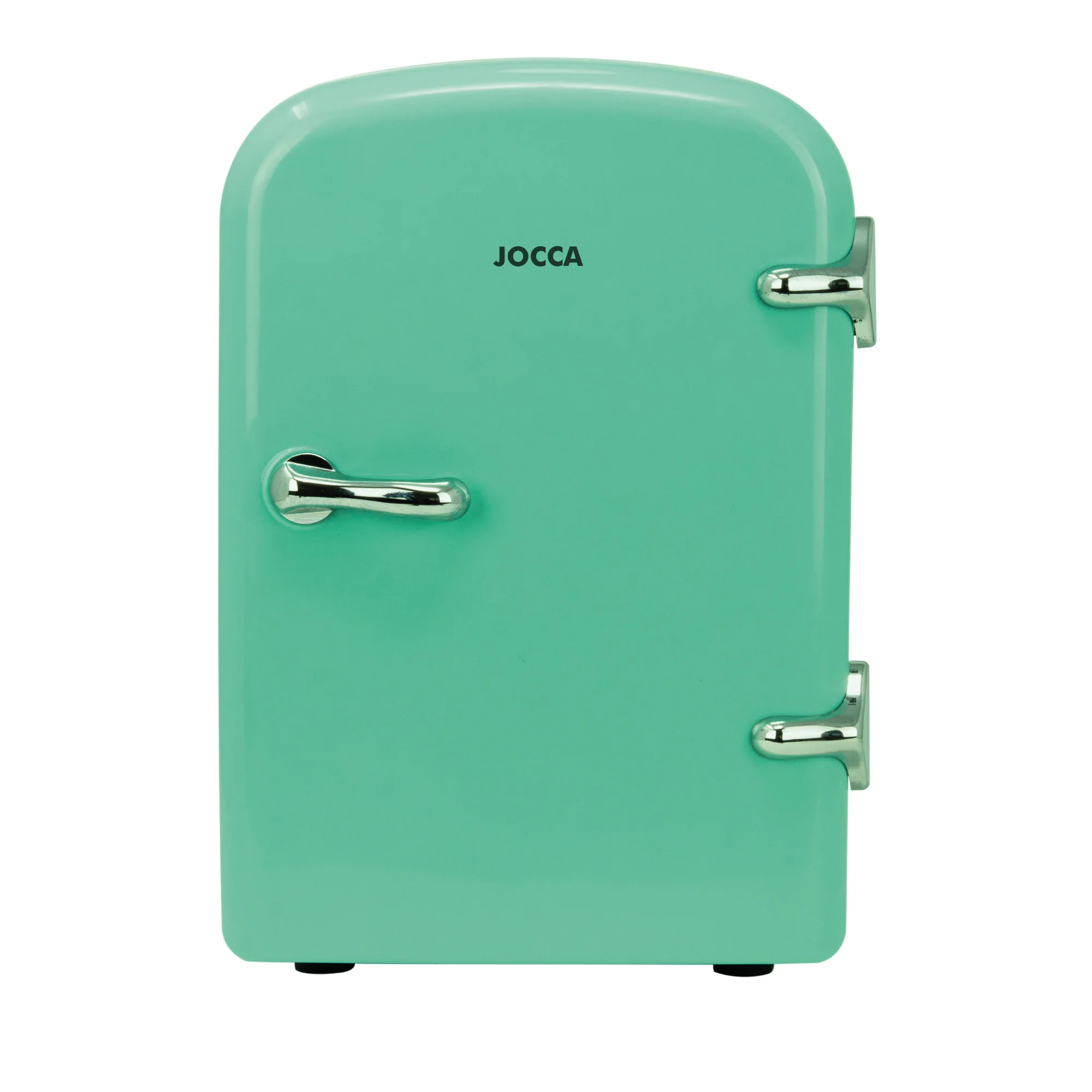 Small turquoise fridge of the JOCCA brand of double function: cool or heat. MINI portable refrigerator with connection for car and electric current, capacity of 4L and weight 2.11 KG. IDEAL for caravan or bathroom