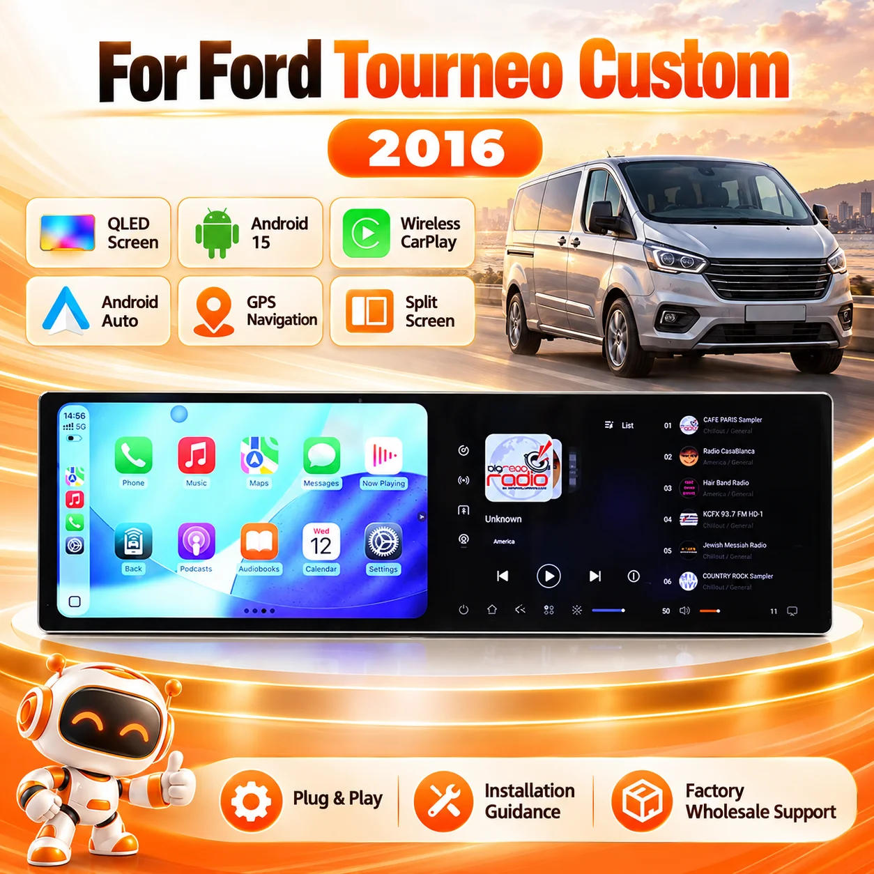 CarPlay GPS Navigation QLED Android 15 Car Radio For Ford Tourneo Custom 2016 Multimedia Head Unit