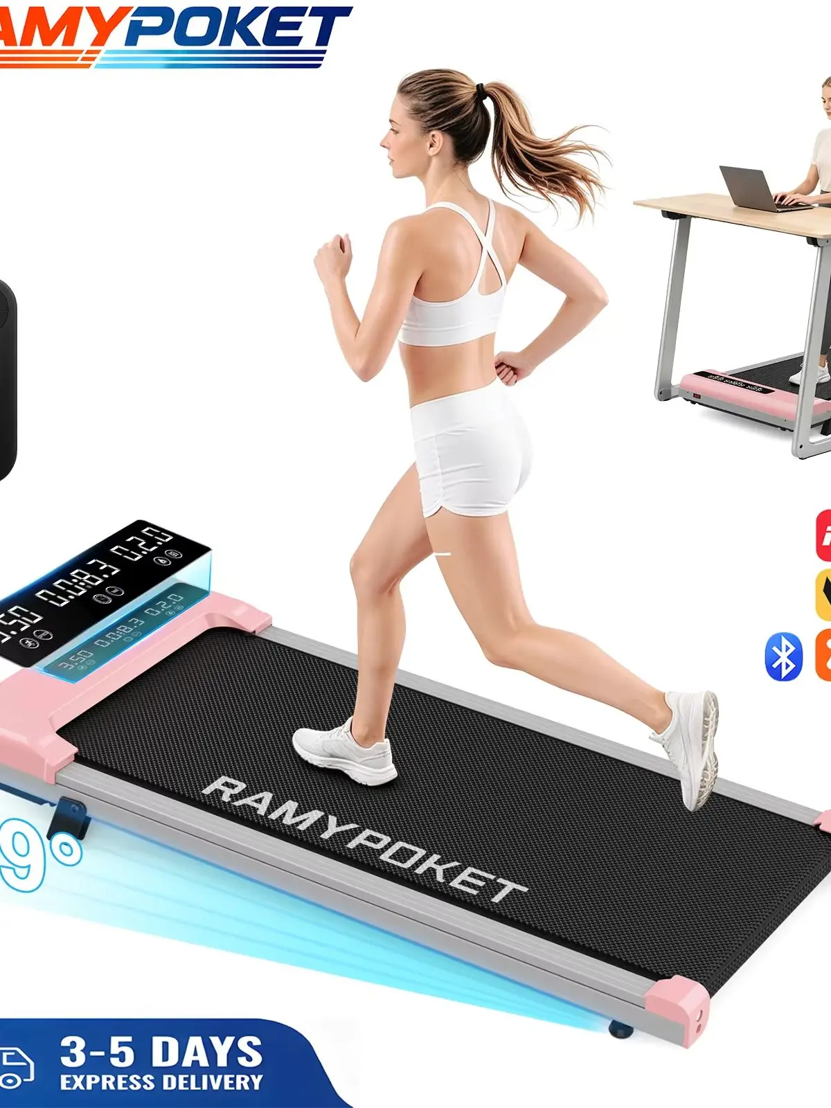 RAMYPOKET Faltbares Laufband mit 9% Steigung, geräuscharmem Dreifenster-Display, 1–8 km/h Motor, Smart-App, Geschwindigkeitsregelung, 120 kg Tragfähigkeit, Laufband für Zuhause und Büro