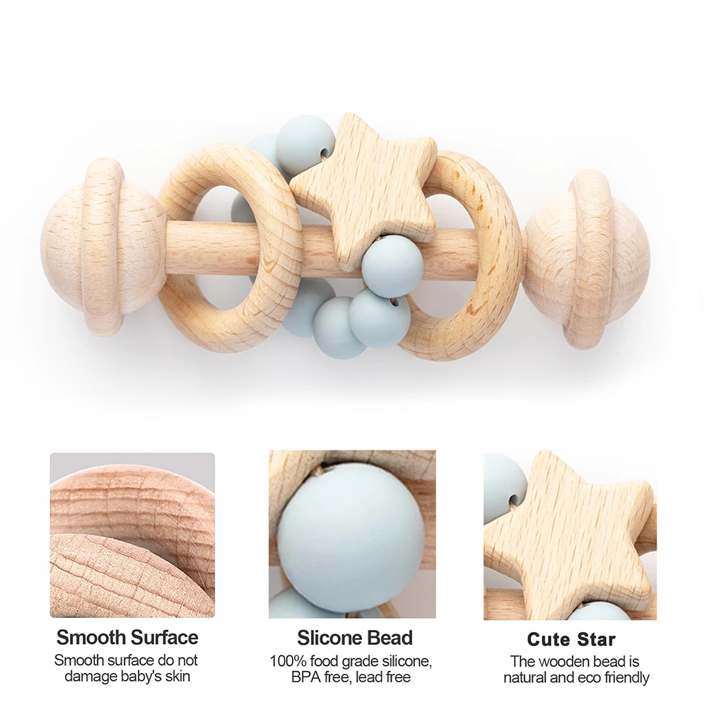 erduo Baby Wooden Rattle Natural Beech Ring Silicone Beads Montessori Grasping Teething Toy for Babies