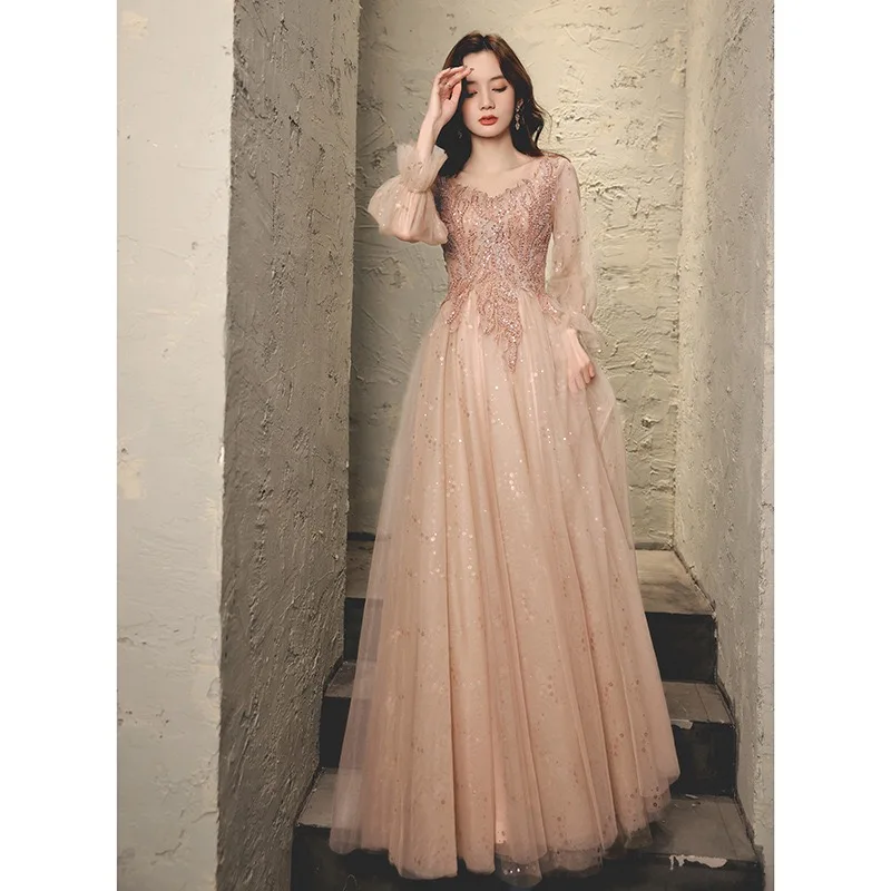 Fairy evening dress female long skirt new style temperament long sleeve princess pink dress advanced