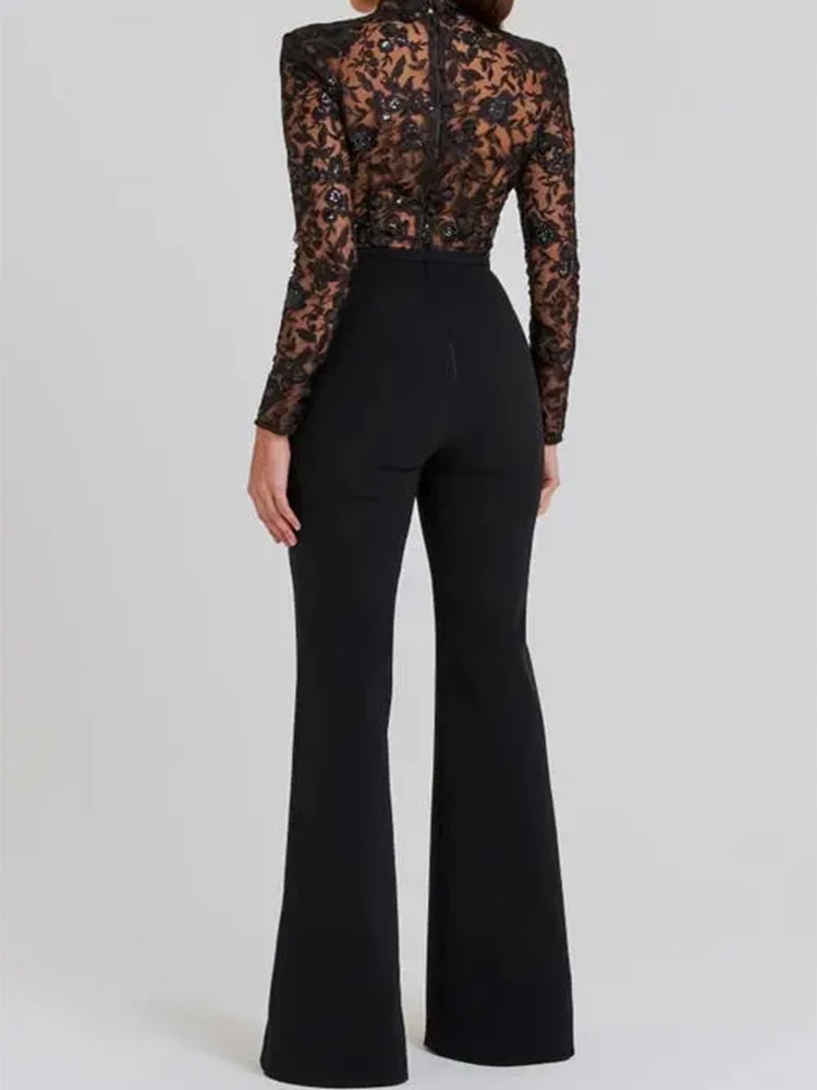 Women Modern Long Sleeves Appliques Bodycon Jumpsuit High Neck Zipper Illusion Belt Bridal Gown vestido de novia