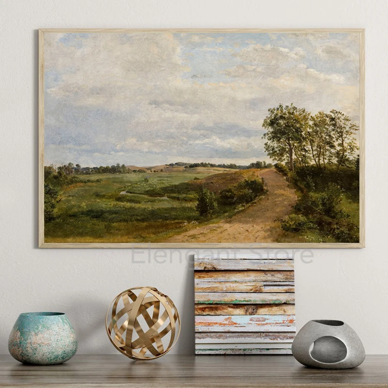 Spring Scenery Gallery Wall Art Painting Light Neutral Print Tree Sketch Drawing Country Landscape Canvas Poster Cottage Decor