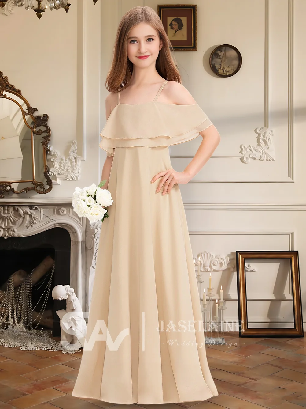 Платье подружки невесты для юниоров, шифоновое платье трапециевидной формы с открытыми плечами, длиной до пола, с каскадными оборками, платье с цветочным узором для девочек, официальная свадьба для девочек