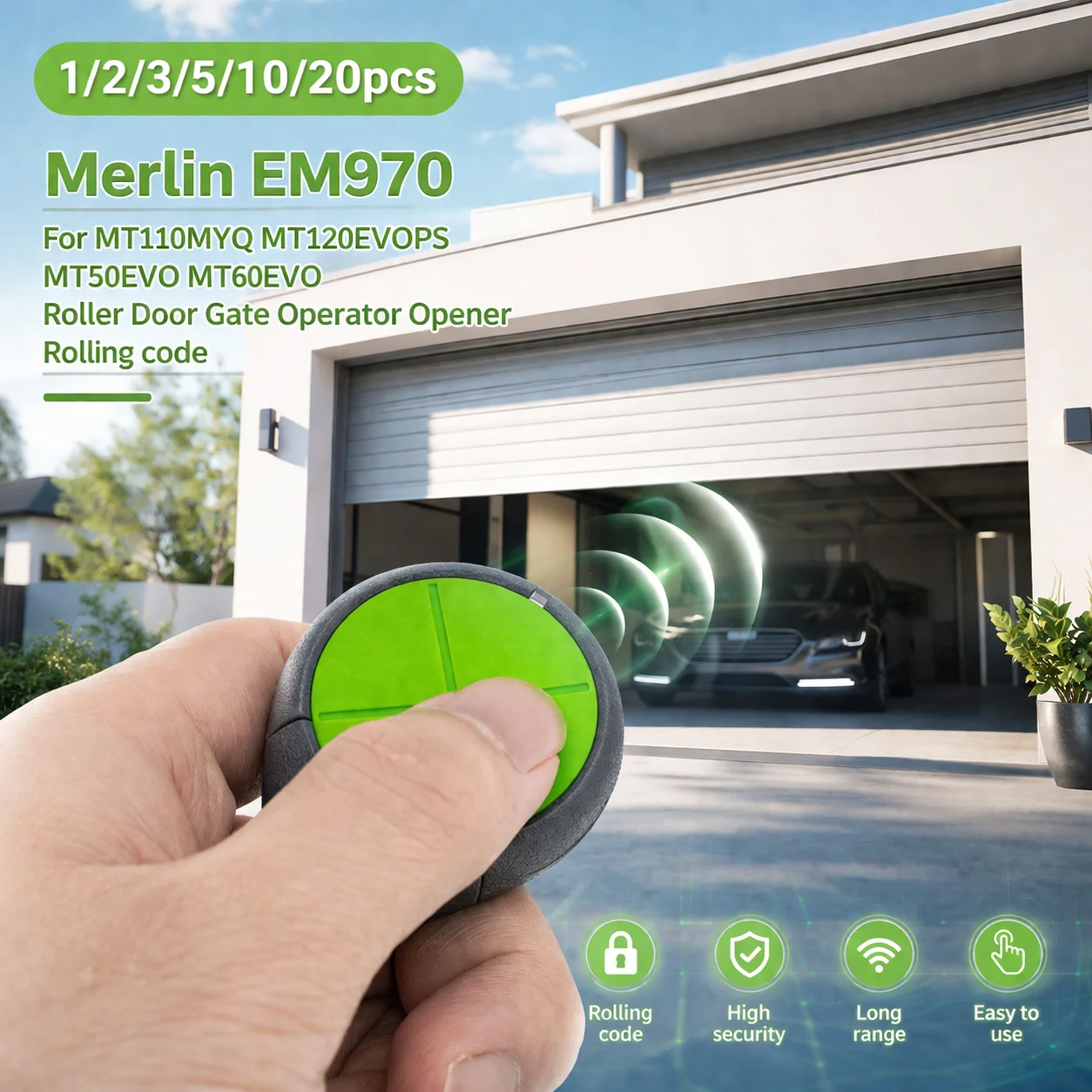 

Merlin EM970 For MT110MYQ MT120EVOPS MT50EVO MT60EVO Roller Door Gate Operator Opener Rolling code 434.54 MHz