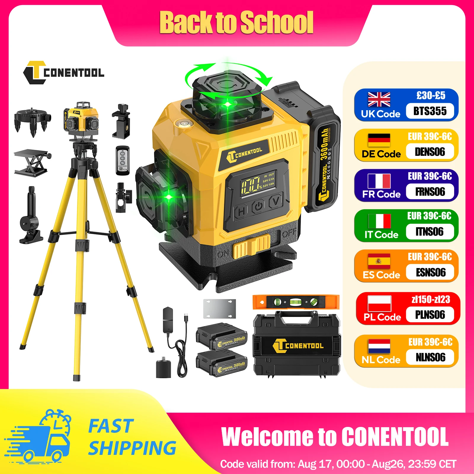 CONENTOOL Niveau laser 4D 16 lignes 360° °   Laser croisé autonivelant à faisceau vert avec trépied, télécommande, batterie 3600 mAh, haute précision, pour alignement de carrelage mural et au sol, laser rotatif pour la construction, la décoration, la rénovation, intérieur et extérieur