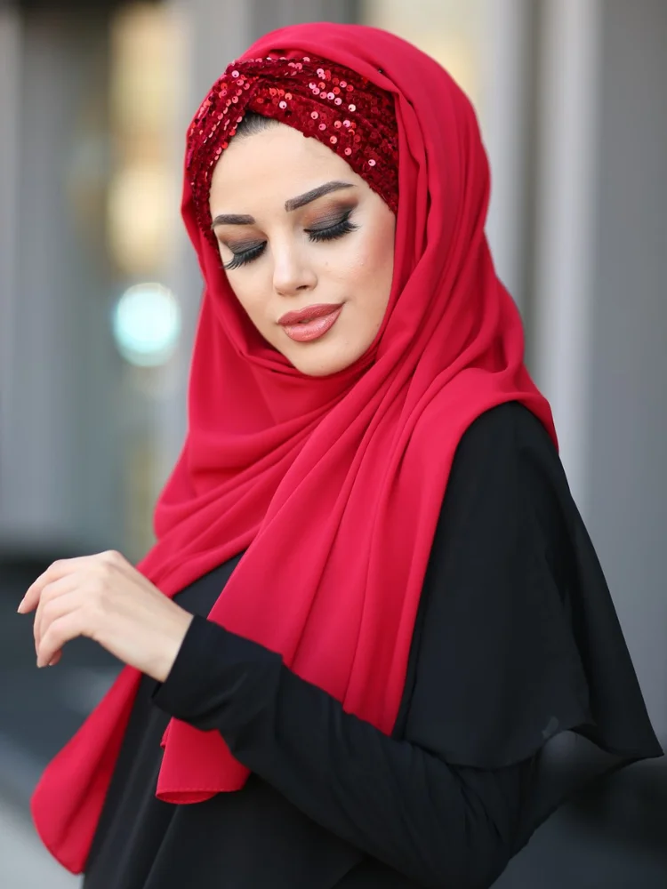 Hijab Turban Shawl Headscarf Female Head Voile Chiffon Foulard Muslim Clothing For Women Islamic Clothes Accessory Sequin  وشاح