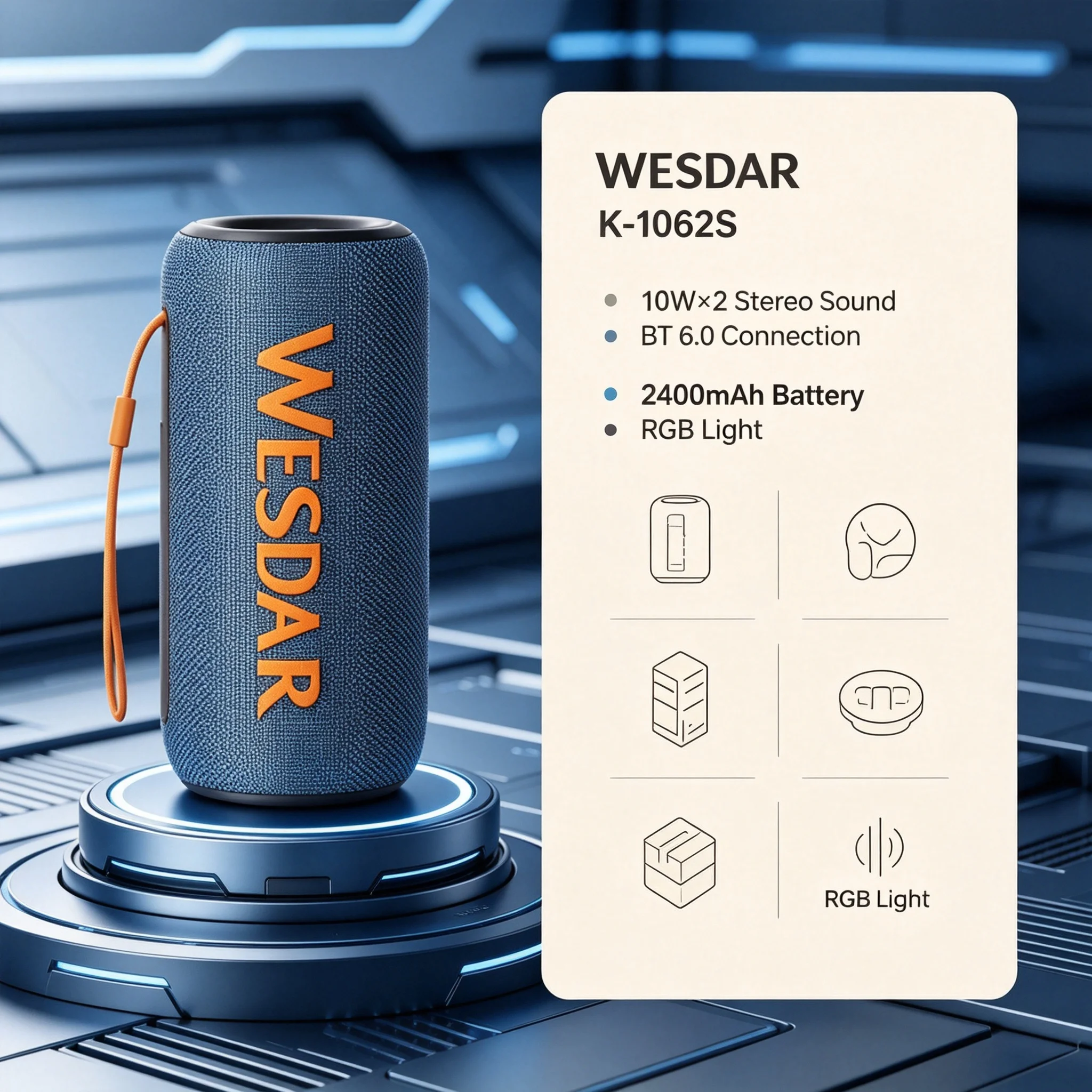 K-1062S Draagbare Bluetooth Speaker 10W*2 Hi-Fi Stereo Rgb Licht Draadloze Buitenspeaker 2400Mah Type-C Opladen 10m Bt6.0 Verbinding voor Camping Party Thuis