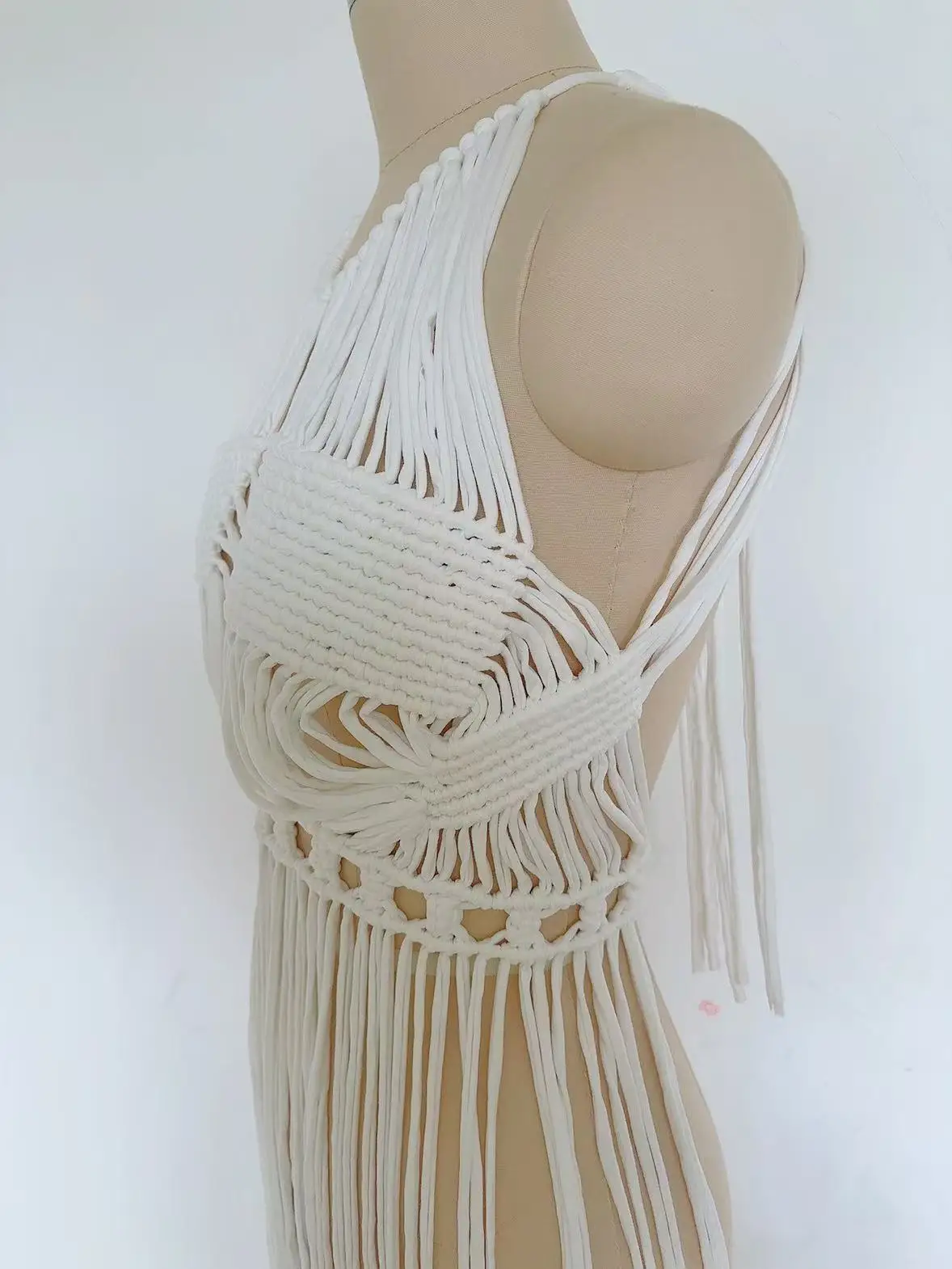 Handmade Goddess Macrame Beach Cover Up Boho Festival Dress Spartan Queen Costume Crochet Swimwear White Macrame Fringe Dress view 6