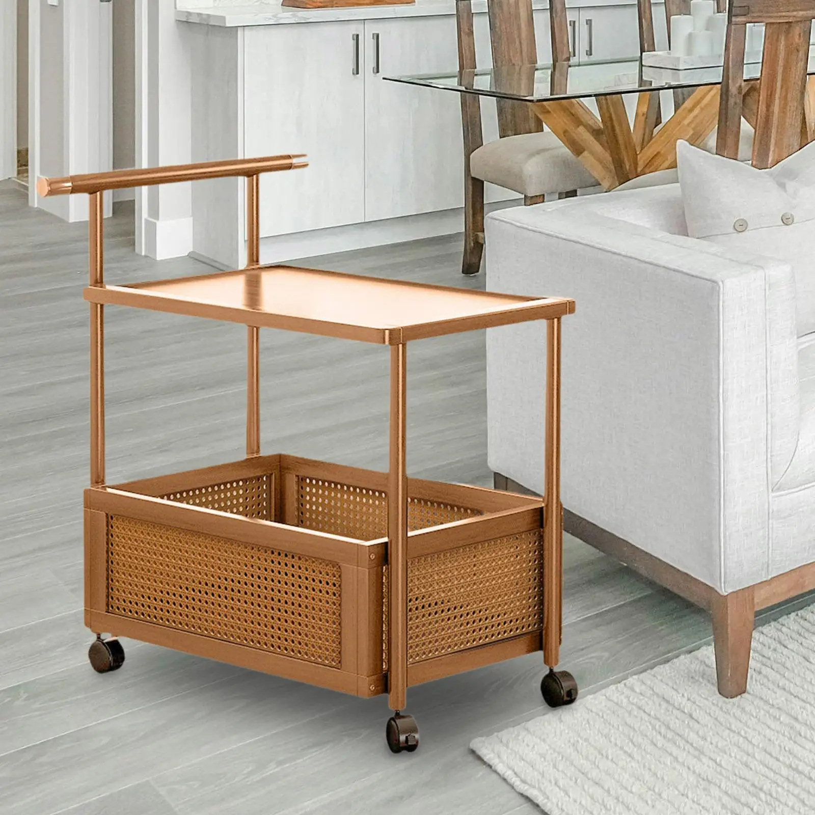 

Bamboo 2 Layers Snack Storage Cart Living Room Furniture Mobile Coffee Table Simple Bedroom Bedside Table Storage Rack