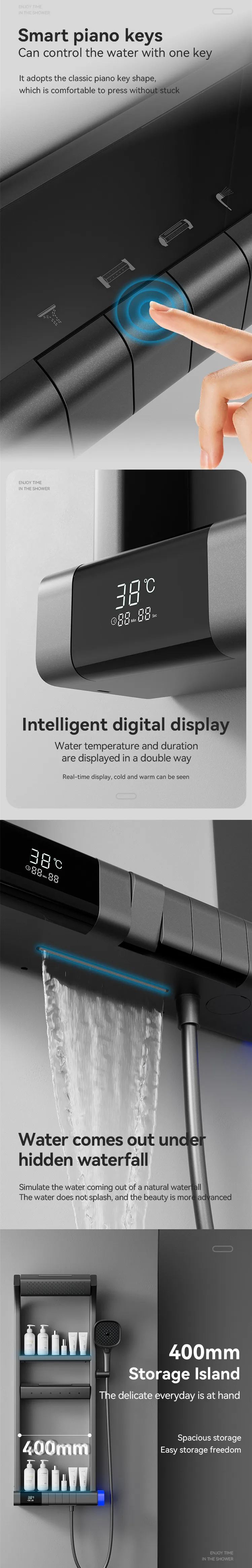 Schwarzes Multifunktions-Duschsystem für Badezimmer, Wandmontage, thermostatischer Wasserfall, digitaler Duscharmatur, Display-Säulen-Duschset – Detail 4