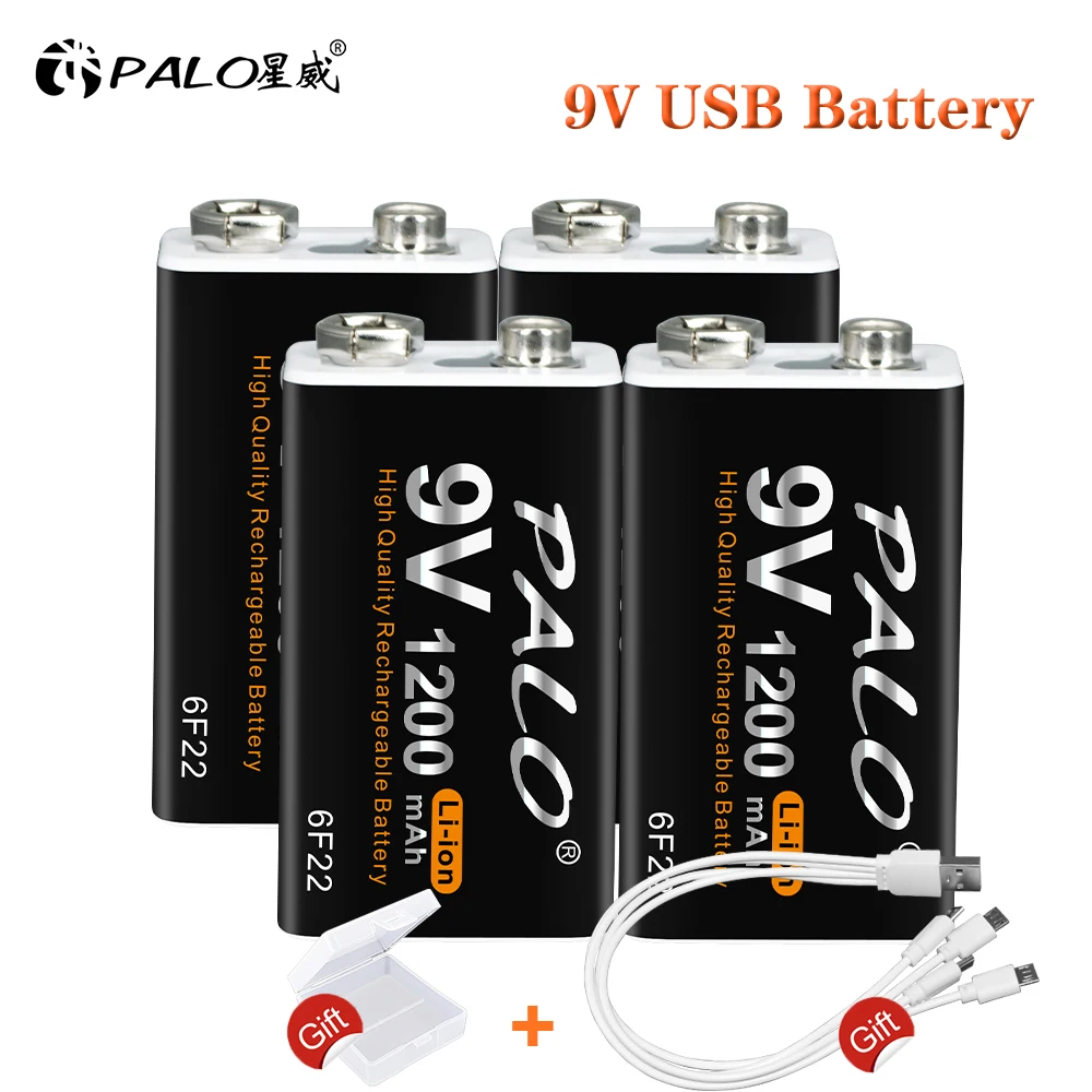 

PALO 9V Rechargeable Battery 1200mAh 6F22 Micro USB 9v Li-ion Lithium Batteries for Multimeter Microphone Toy Remote Control KTV