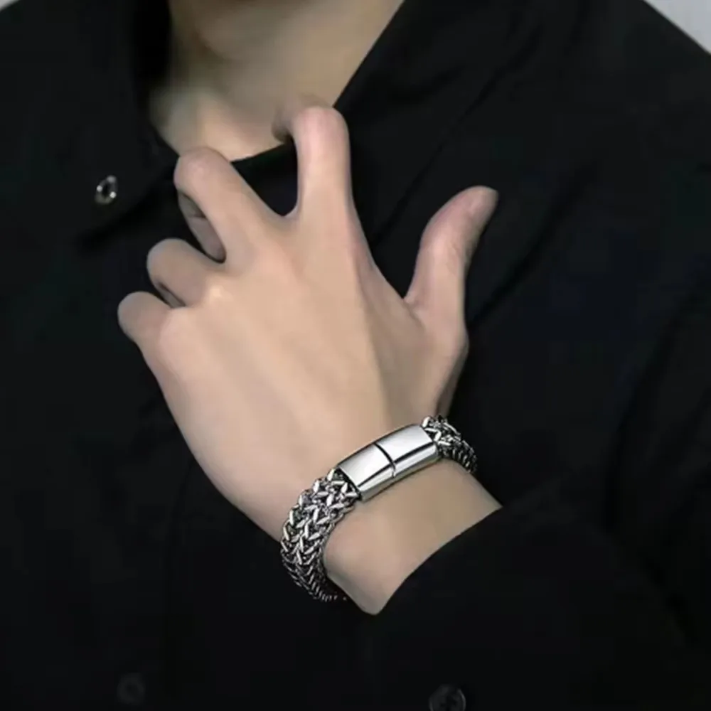 الفولاذ المقاوم للصدأ مضفر صف مزدوج الجبهة والخلفية مقياس السمك سبيكة المغناطيسي مشبك سوار مع عارضة المجوهرات نموذج جديد #4