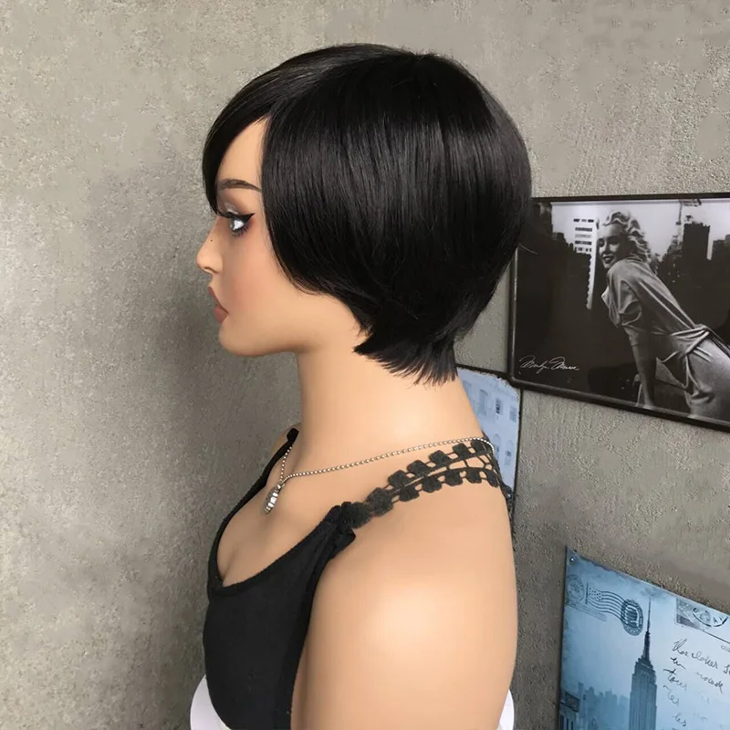 Peluca de corte Pixie ombré con flequillo, cabello humano virgen brasileño, pelucas hechas en Mahine, estilo Bob corto y recto para mujer