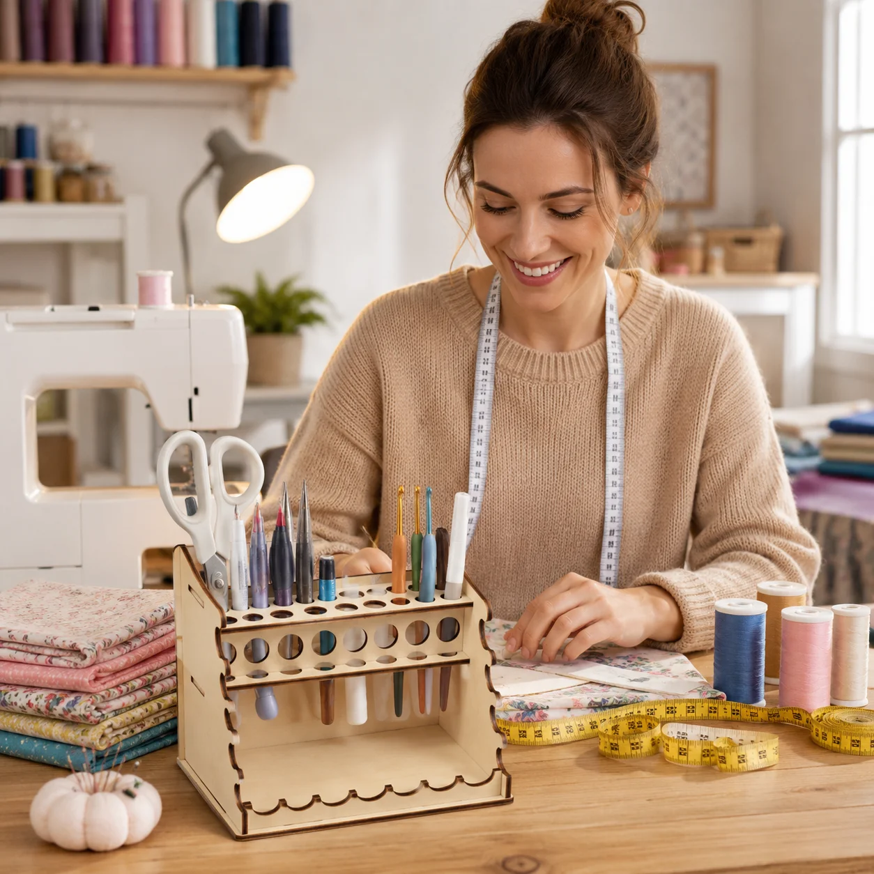 Wooden Multi Layer Craft Tool Organizer Storage Rack Two Sizes Compact Large Wave Edge Pen Brush Thread Spool Holder For Artist Painting Sewing DIY Craft Room Desk Space Saving Storage Caddy - view 6