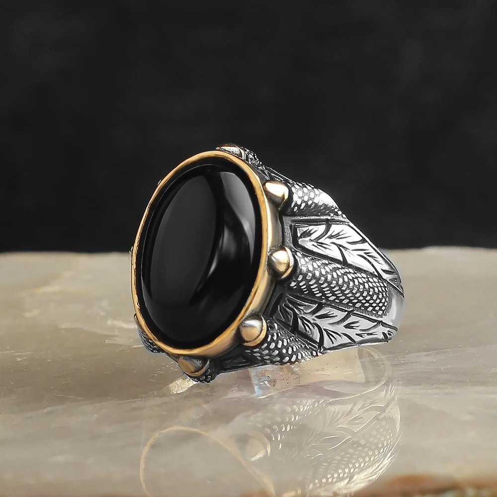 

Solid 925 sterling silver ring Onyx stone falcon nail design men jewelry oval high quality gifts girls fast shipping worldwide