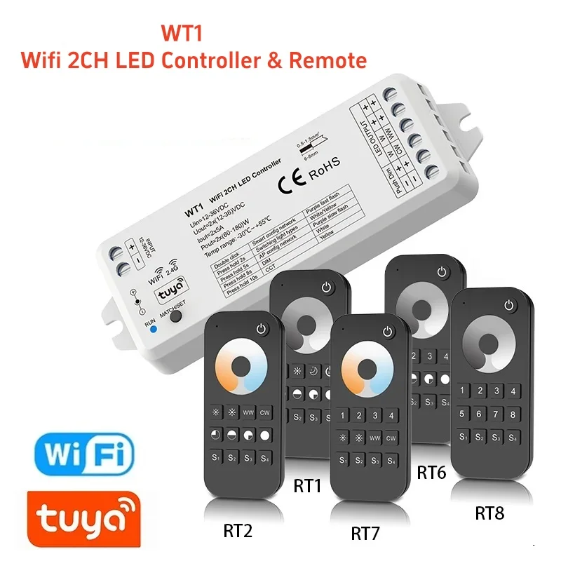 dimmer tuya led para faixa de led dc 12v 24v 36v wifi 2ch em ww cw cct faixa de led vida inteligente 24g rf controle remoto sem fio 01