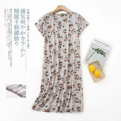 2024 Summer Women Casual Cartoon Sleep Dress Cotton Loungewear Nightgown Female Short Sleeve Top Quality Large Size Home Dress