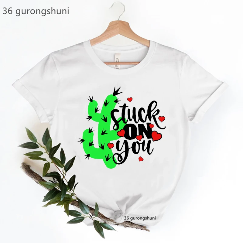 Stuck On You Cactus Graphic Print Tshirt Womem Harajuku Kawaii Clothes Red Love T Shirt Femme Summer Tops Casual T-Shirt Female