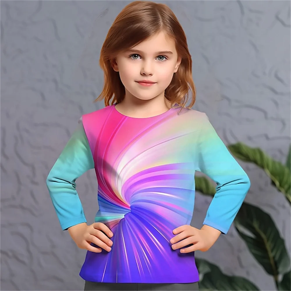 Girl Clothing Vortex Colorful Polyester Teenagers Girls Clothes Outdoor For Kids Autumn One Piece T Shirt Long Sleeve Tee Shirt