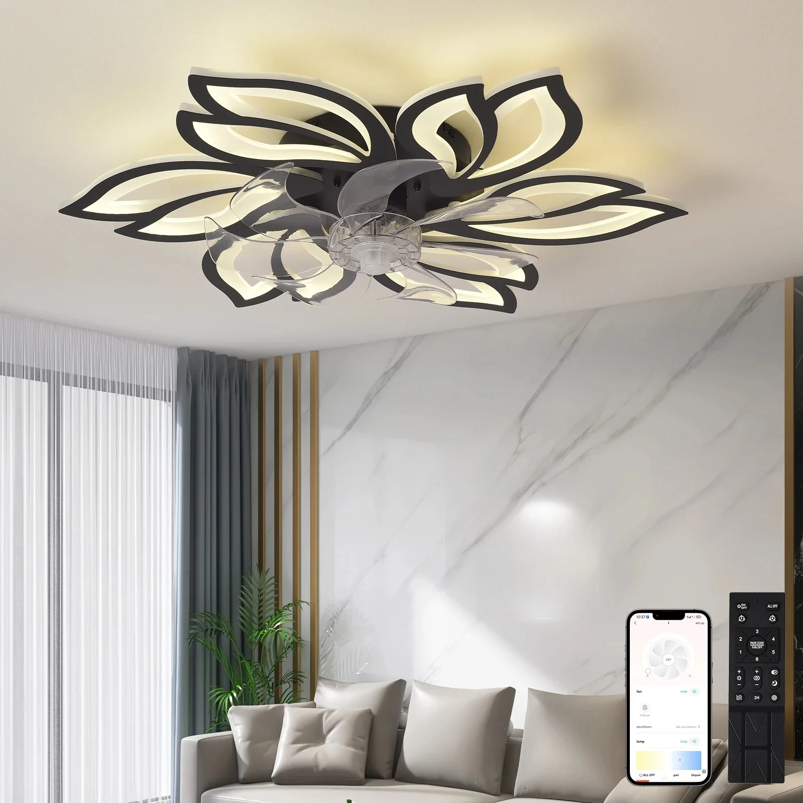 Plafondgemonteerde ventilatorlamp met stille ventilator, instelbare windsnelheid, dimbare LED-verlichting, uitgerust met afstandsbediening - afbeelding 2