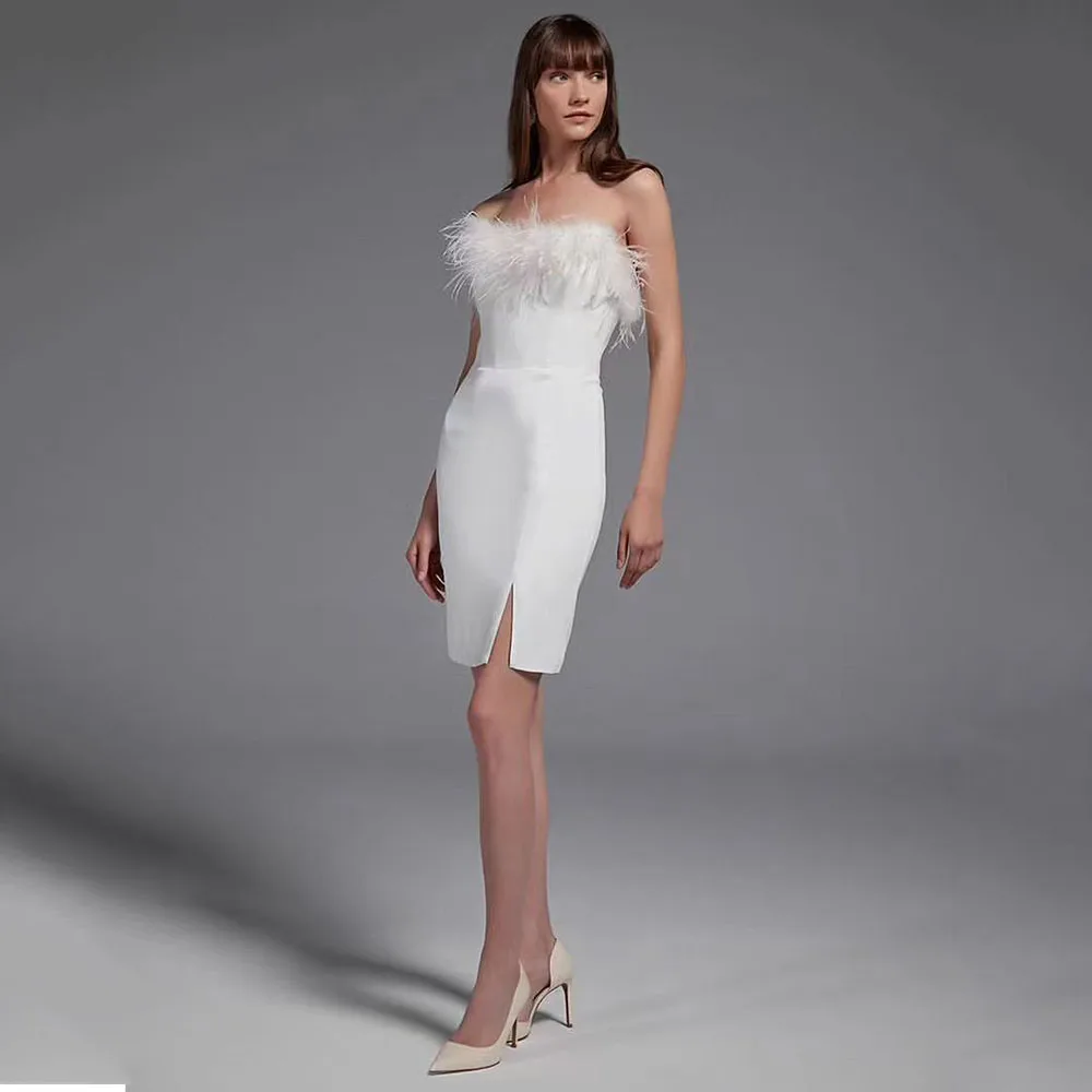 

Feather Wedding Party Dress Sexy Strapless Slit Short Mini Prom Dresses Celebrity Cocktail Wedding Gusest Gown Robe De Mariée