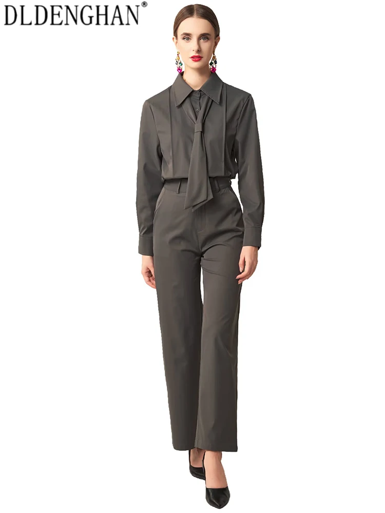 DLDENGHAN Women Office Lady Lapel  Long Sleeves Single Breasted Lace-Up Spring Autumnal Pants Fashion 2-Piece