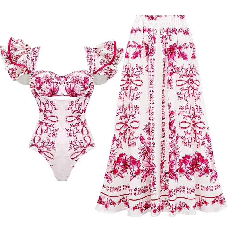 Women Ruffle Cut Out Lily and Majolica Series Pattern Print One Piece Swimsuit and Skirt Beachwear bikini Two piece Bathing Suit