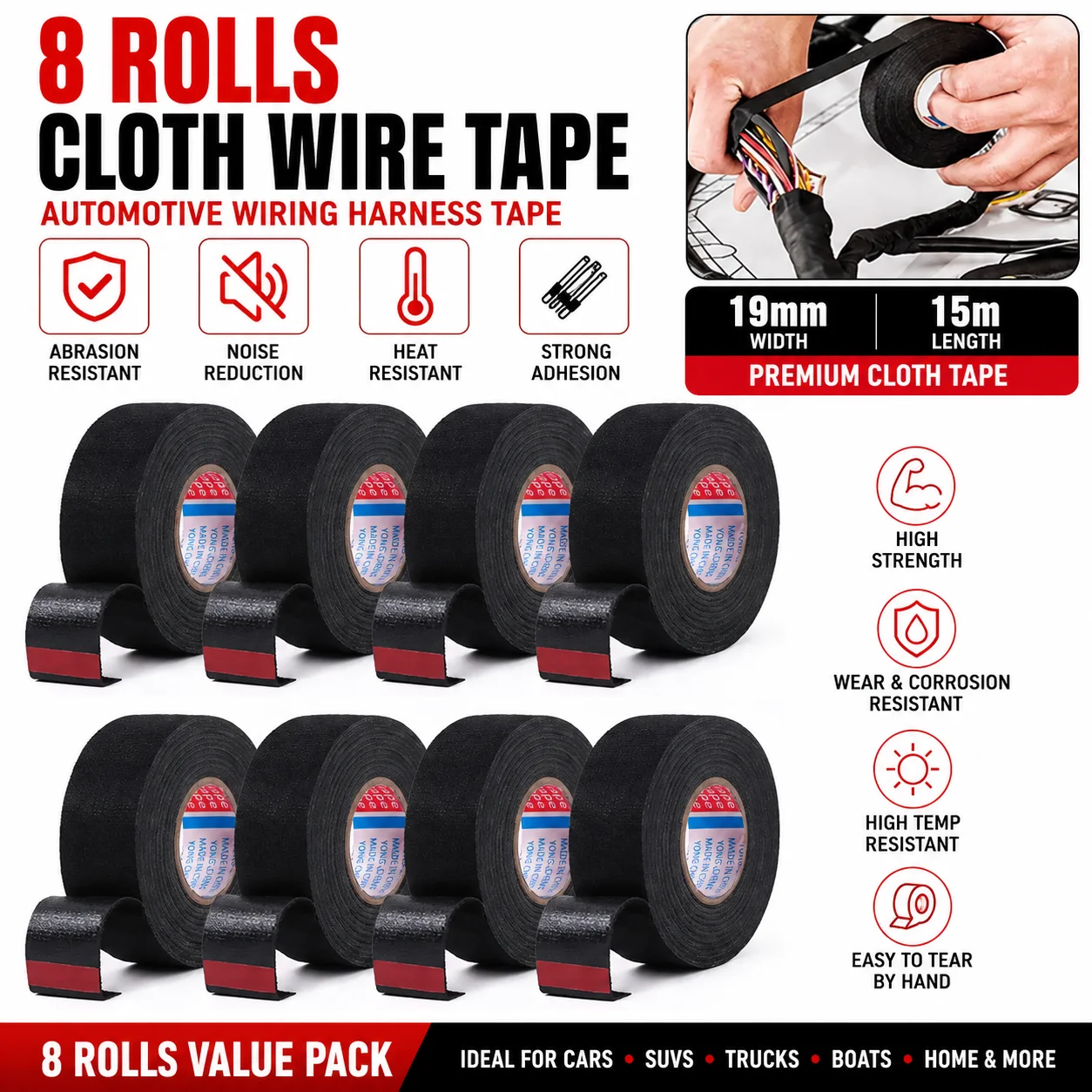 8 Rolls Automotive Electronic Cloth Wiring Harness Tape 19mm x 15m Electrical Wiring Cable Wrap Harness Protection For Car SUV Truck Equipment Wires