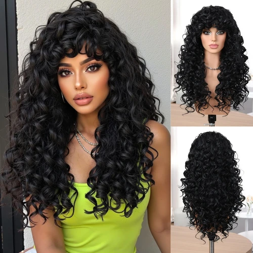 LOUIS FERRE pelucas sintéticas largas y rizadas con flequillo para mujer, pelucas naturales negras para fiesta, Cosplay, pelo falso de fibra resistente al calor
