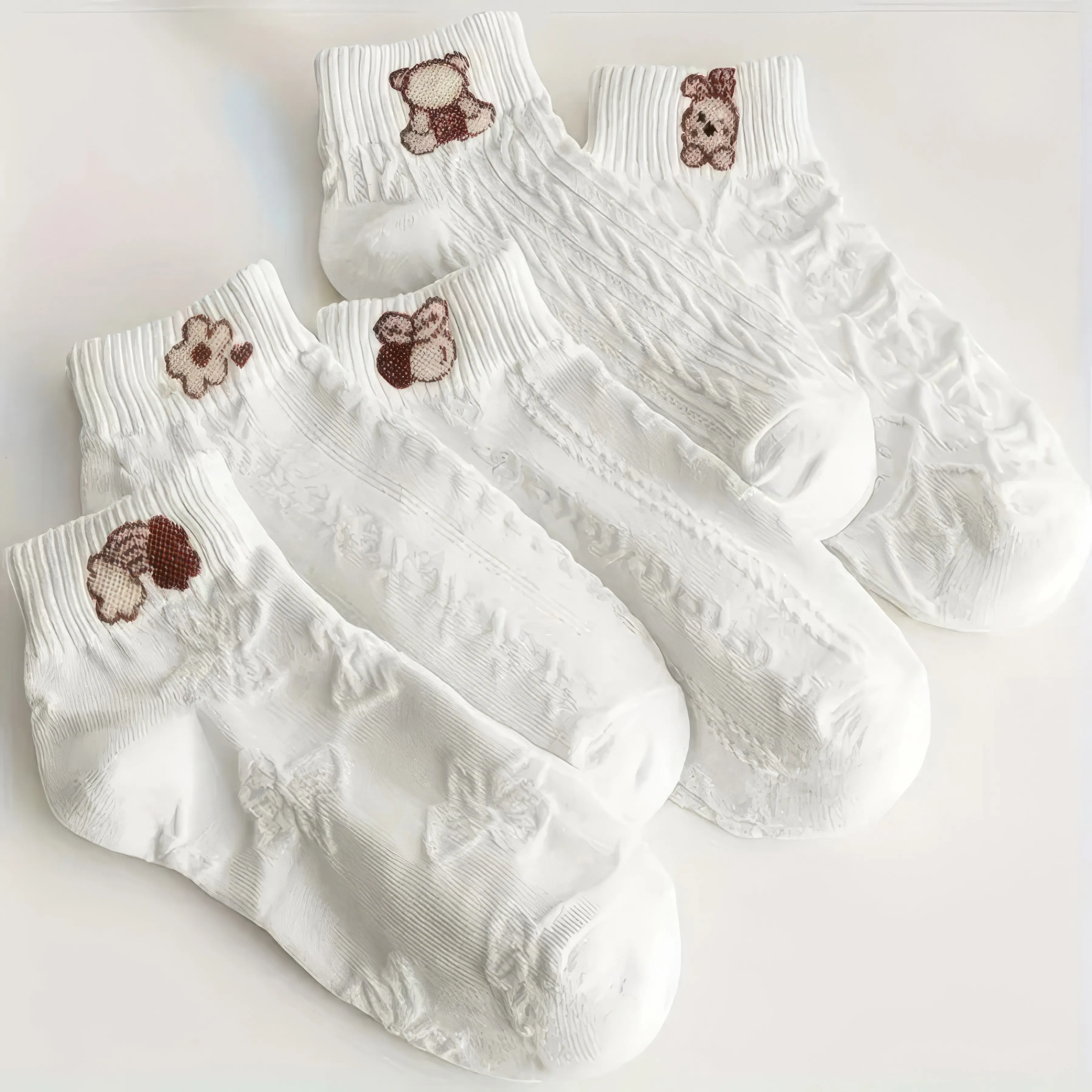 5 Pairs of Soft White Cloud Rabbit Socks with Cute Patterns, Comfortable and Breathable, Suitable for Casual Sports
