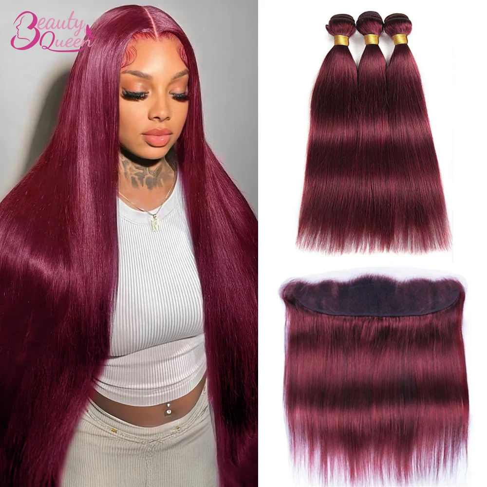 

Burmese Straight 99J Straight Bundles with Frontal 100% Human Hair Burgundy Bundles with Closure 13x4 Lace Human Hair Weavings