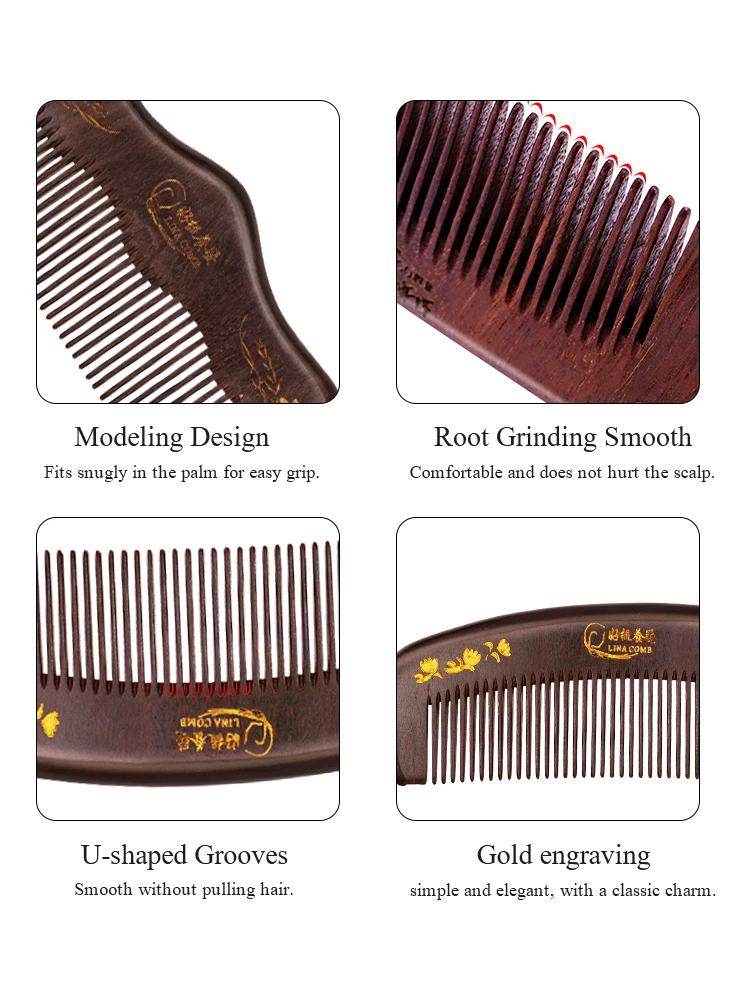 Portable Natural Sandalwood Solid Wood Comb Engraved Wood Healthy Massage Anti-Static Comb Hair Care Tool Beauty Accessories