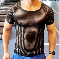 Men Sexy See-Through Mesh Shaping Striped Short-Sleeve T-Shirt 2024 New Nightclub Fitness Tight Home Lightweight Pajamas For Men