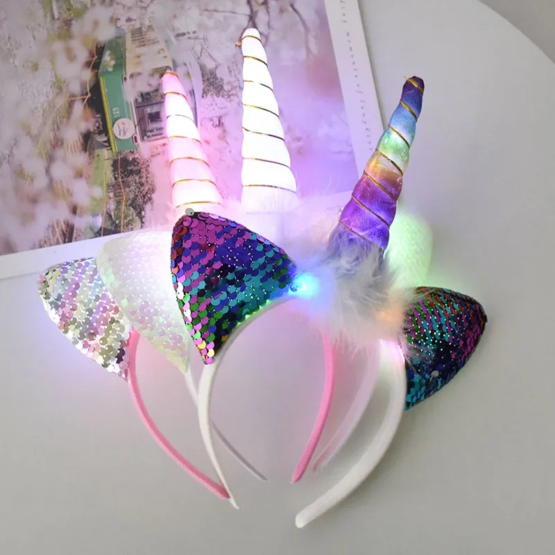 LED Light Unicorn Headband Kids Girl Birthday Cartoon Headwear Hair Accessories Rainbow Unicorn Theme Party Decoration Supplies — zdjęcie 2