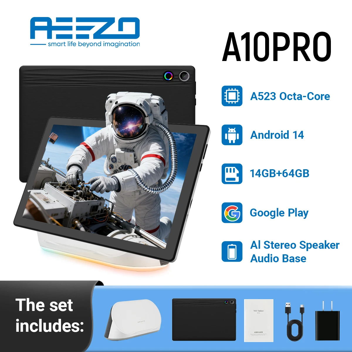 

AEEZO Upgraded Android 14 Tablet with AI Stereo Speaker Dock Otca-Core 14GB+64GB 1TB Expansion WiFi 6+BT5.3 Suport Goolge Play