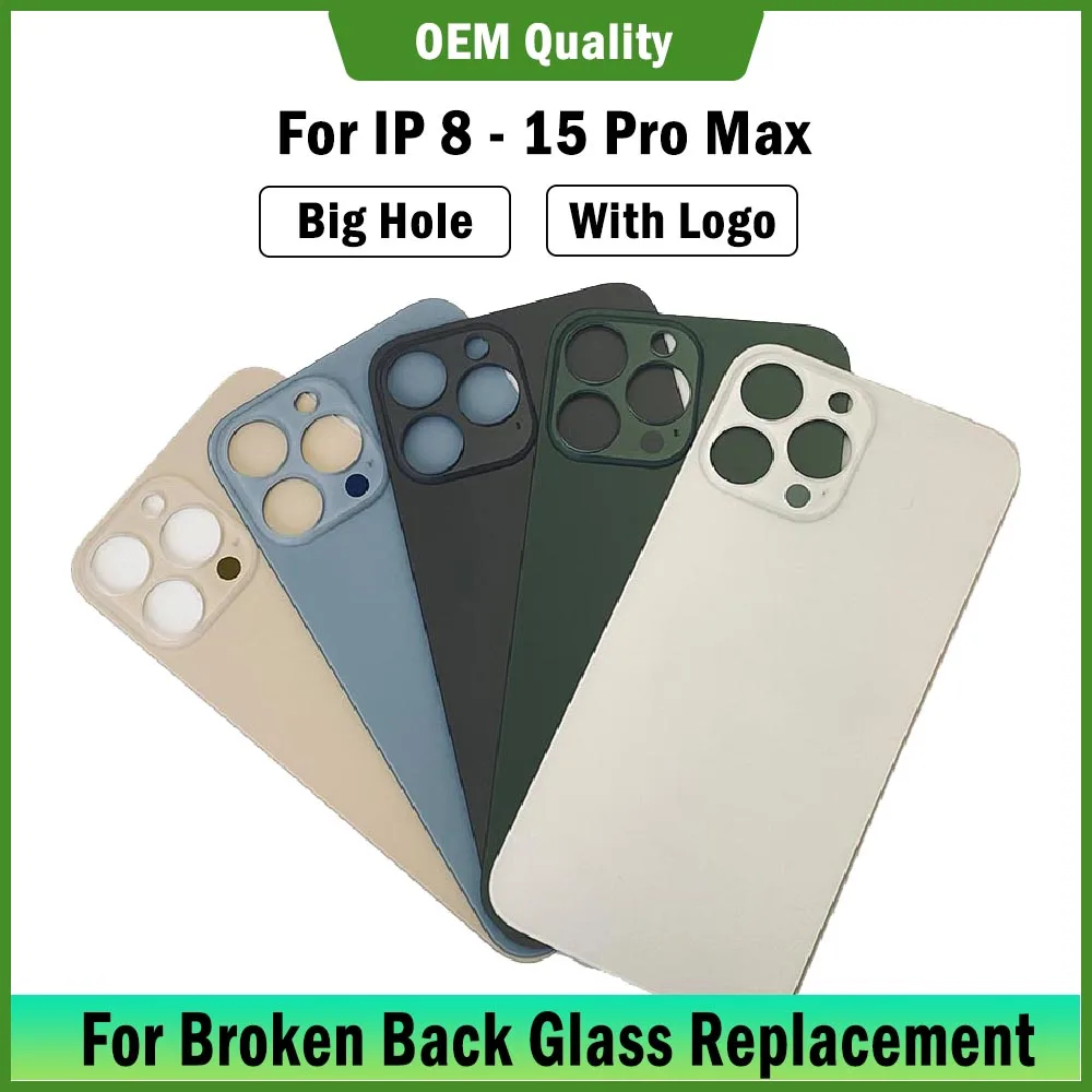 Mixed 5pcs Large Hole Back Cover Glass Replacement for 15 Pro Max 11 8 Plus XR 12 Mini 13 X XS Cracked Rear Door Housing