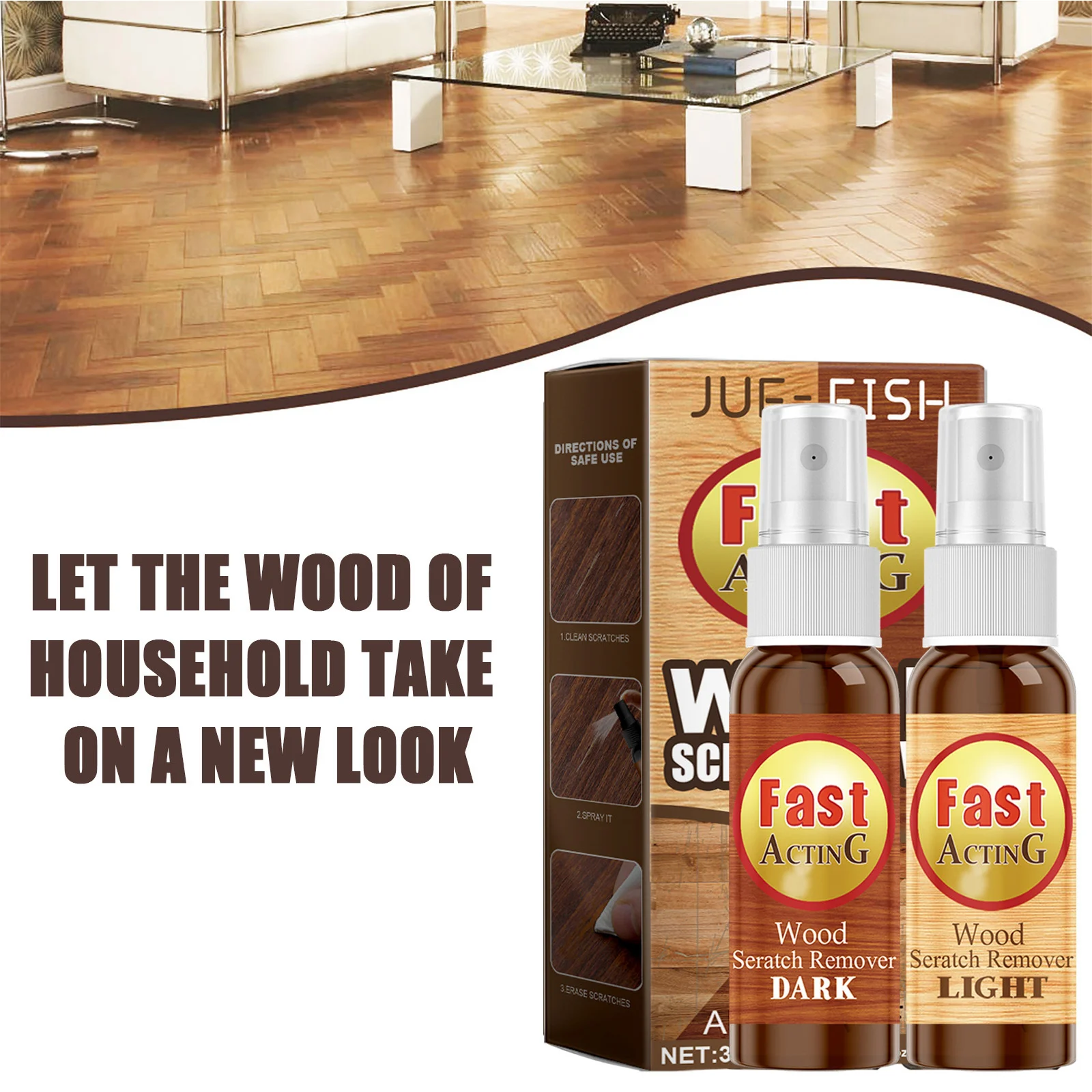 Jue-Fish 60ml Wood Floor Scratch Repair Spray Kit Odorless Furniture Restore Brightening Wood Color Floor Renovate Spray