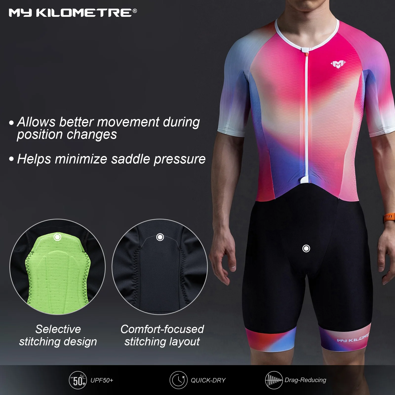 Triathlon-Anzüge für Herren Schnelltrocknend Leichtgewichtig Kurzärmelig Schwarz-Lila Einteilig für Radfahren Laufen Schwimmen TriSuit MY KILOMETRE – Detail 23