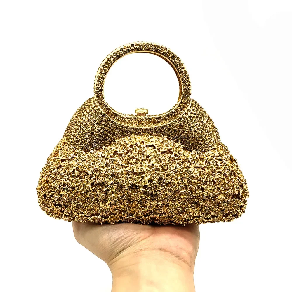 Boutique De FGG Golden Evening Minaudiere Women Crystal Clutch Bags Top-Handle Metal Diamond Wedding Party Cocktail Tote Handbag — zdjęcie 2