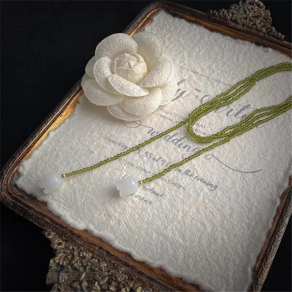 Olive Green Glass Beads Women Necklace White Bell Orchid Pendant Winding Wearing Ethnic Long Sweater Chain Romantic Jewelry Gift image 5