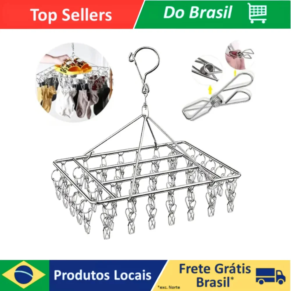 Varal Dobrável de Aço Inox com 40 Prendedores para Roupas, Bebê e Íntimas