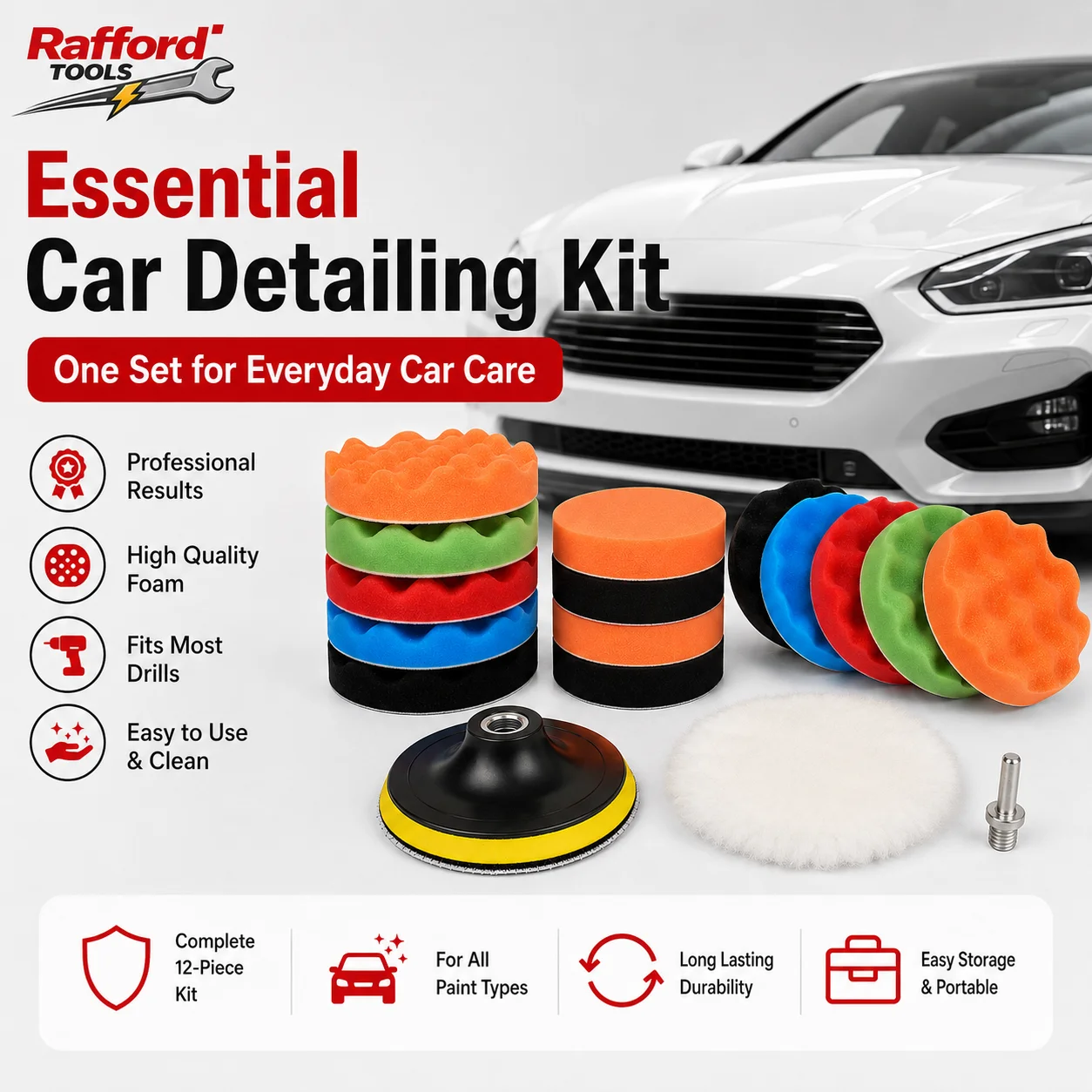 Rafford 12-teiliges 5-Zoll Auto-Polierpad-Set Schaumstoff-Schwamm-Wollpad Polier- und Wachsset mit Trägerplatte und Bohradapter für Autopflege – Detail 2