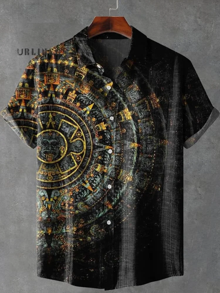 Rétro africain tribal totem motif impression hommes nouveau lin tissu confortable chemise à manches courtes décontracté rue tendance rapide charcuterie