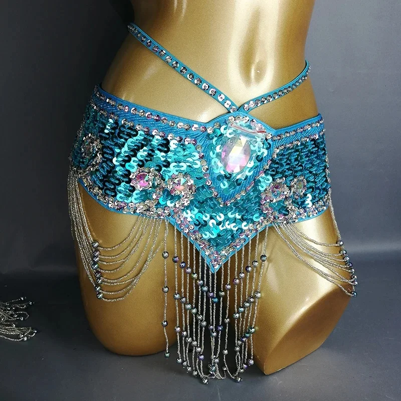 Hurtownie w nowym stylu kobiety cekiny brzuch kostium taneczny chusta na biodra Wrap Sexy pas bellydance z pomponem zroszony łańcuch talii — zdjęcie 2