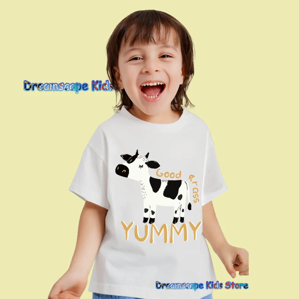 Kawaii Style Little Cow Cartoon Illustration Printed T Shirts Summer Short Sleeve Child Clothes Kids Casual Style Tees Tops