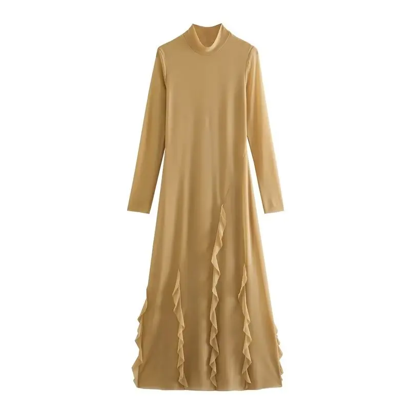 Spring Khaki Women's Long Sleeve Tulle High Neck Slim Fit Dress