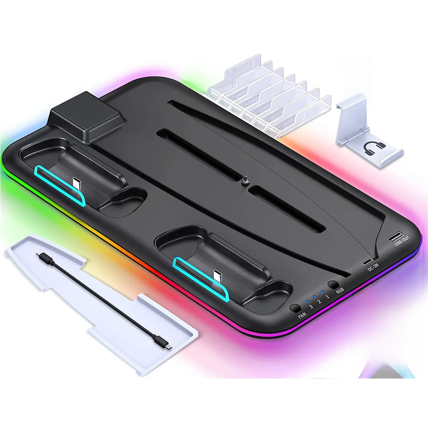 Station de refroidissement et de charge multifonctionnelle pour PS5 numérique/disque avec ventilateur de refroidissement automatique à 3 niveaux, 6 emplacements multimédia, station de chargement pour