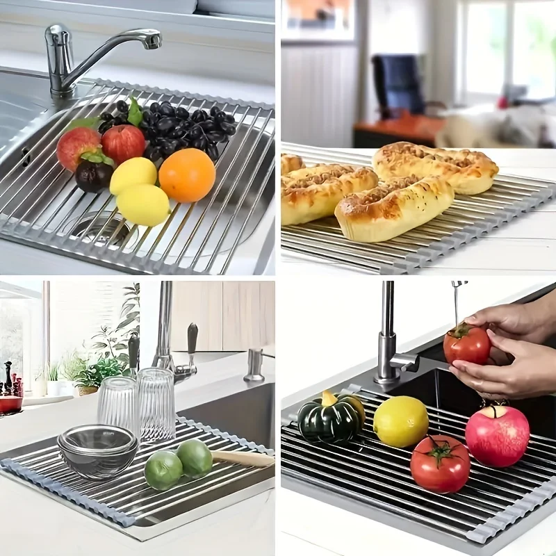 Roll-Up Dish Drying Rack, Non-Slip Silicone Coating,Heat Resistant,Multipurpose Kitchen Sink Rack For Stemware & Baking Sheets