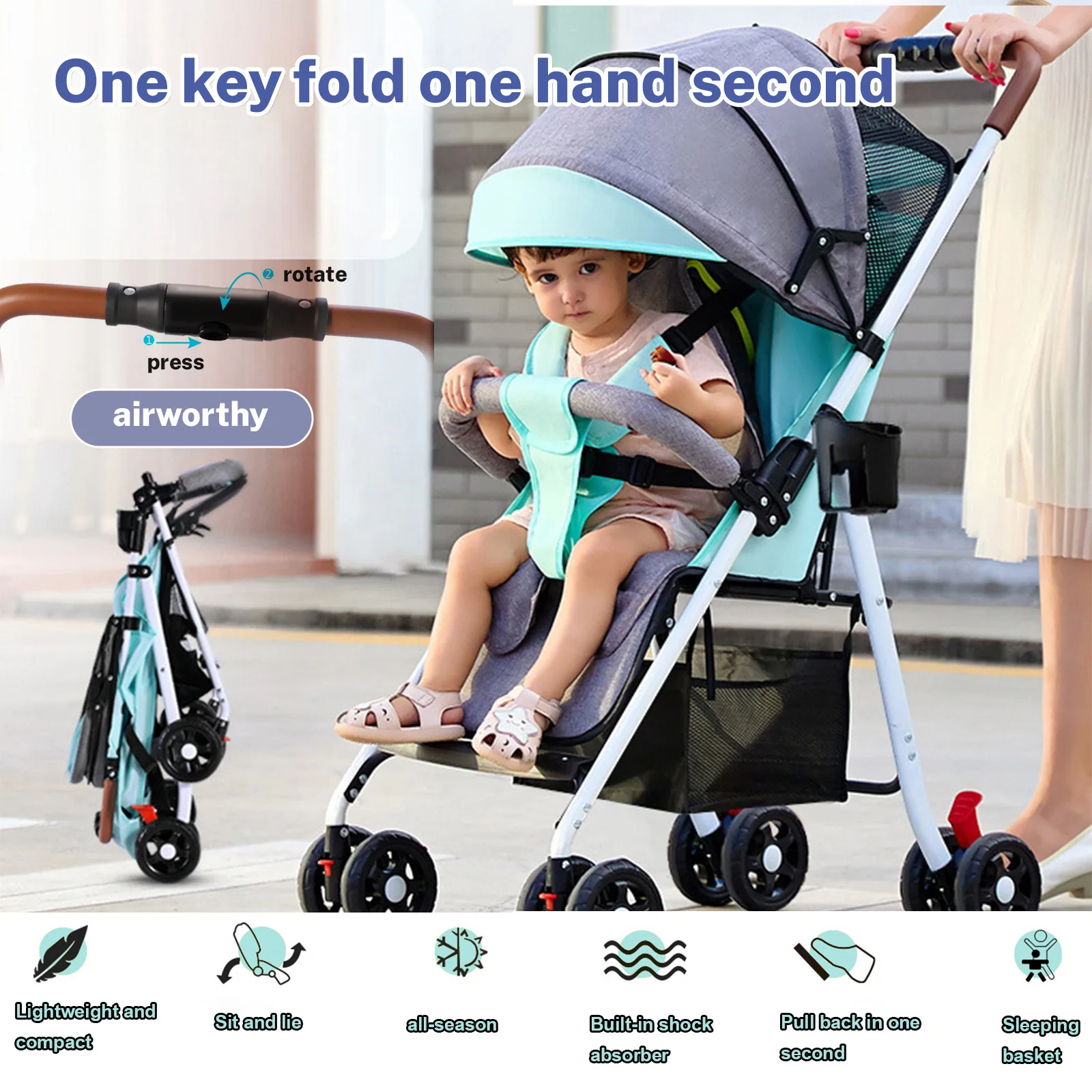 Lichte Kinderwagen, Ultracompacte En Vliegtuigvriendelijke Reiswandelwagen, Eenhandige Kinderwagen Voor Peuter